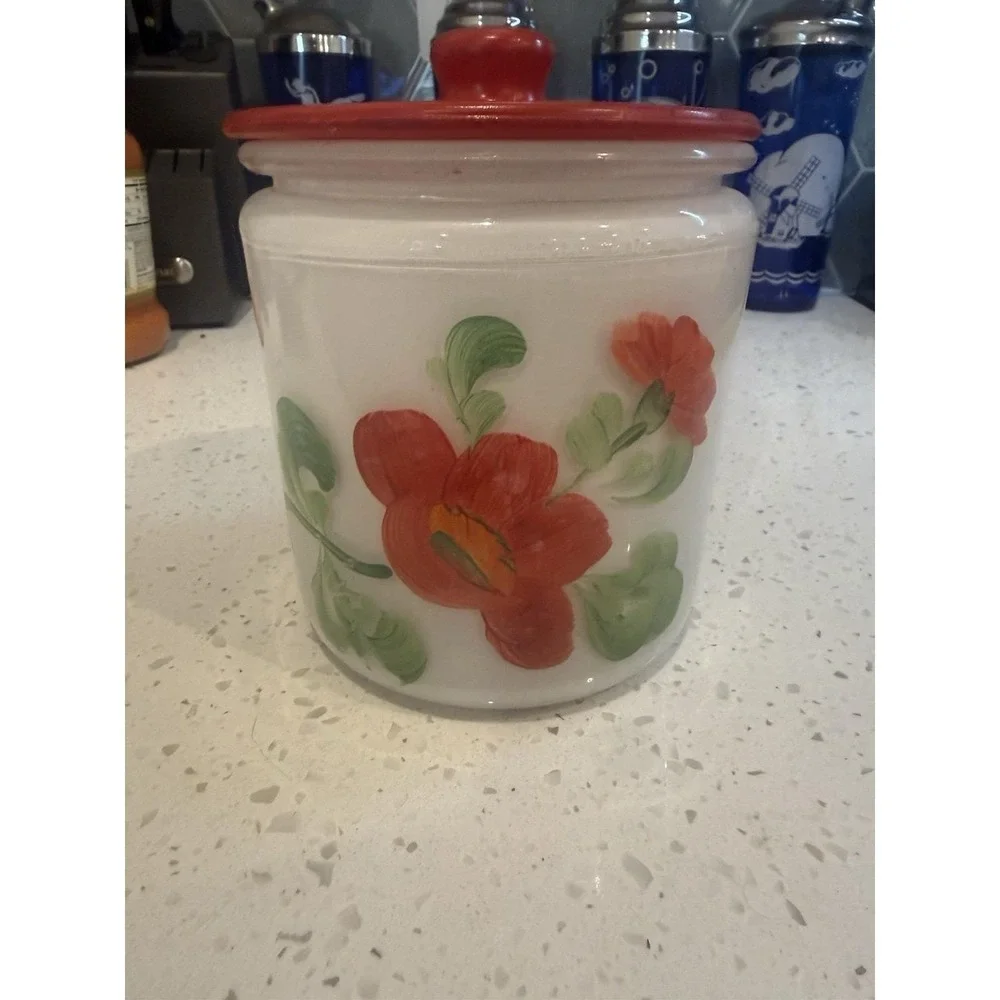 Anchor Hocking Mid Century Hand Painted Double Sided Fruit Flower Glass Canister